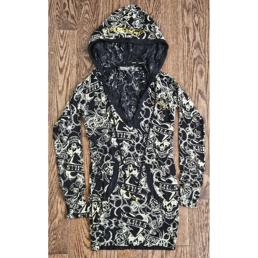 y2k vintage ed hardy love kills slowly rhinestone hoodie womens XS tiger Stretch